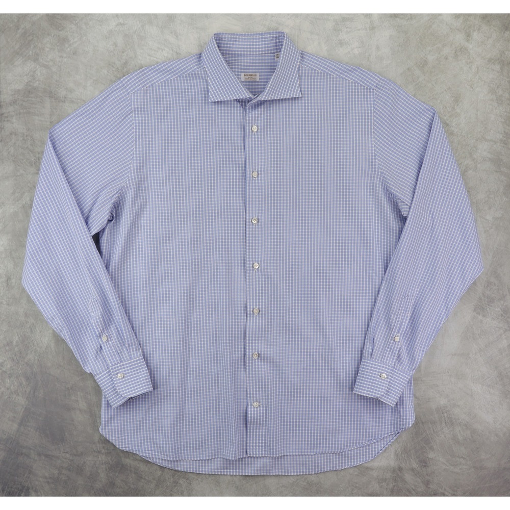 Borriello Napoli Dress Shirt Mens 17.5 44 Blue Gingham Check Hand Stitched Italy